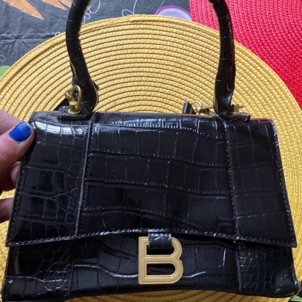 Balenciaga Black Croc-Embossed Mini Top Handle Bag with Gold 'B'